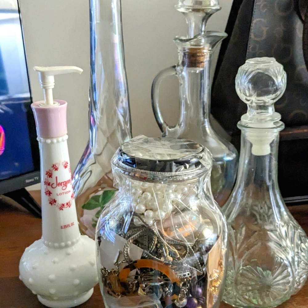 Vintage Bottles,Vintage Jergens Lotion Glass Bottle and Jewelry Jar Bundle